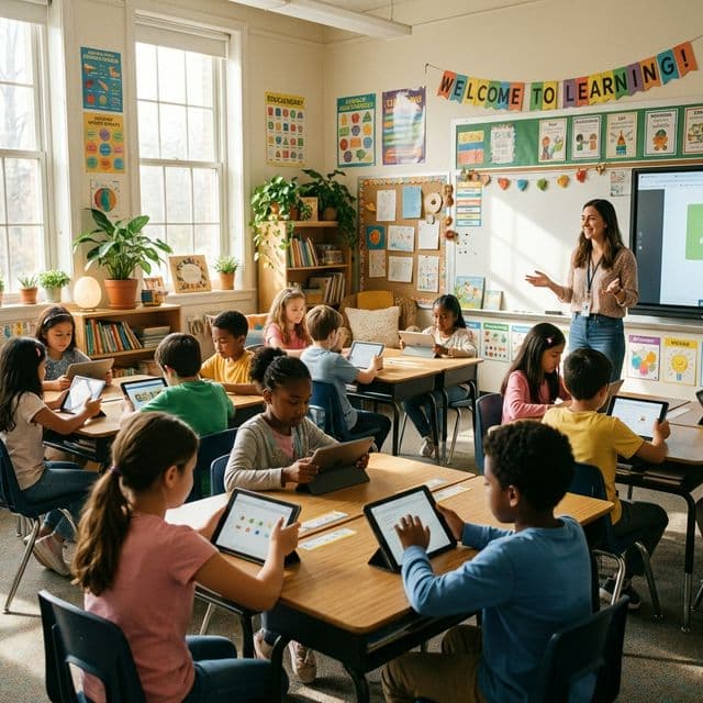 School children using tablets in a colourful classroom