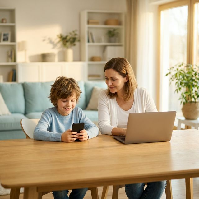 Happy family using devices safely with Care4Kid monitoring